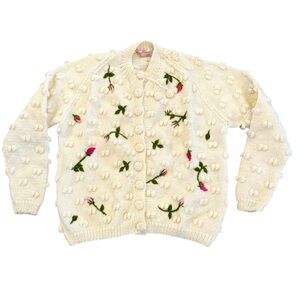 Vintage Ivory White Hand Knitted 100% Wool Pink Floral Sweater Cardigan England